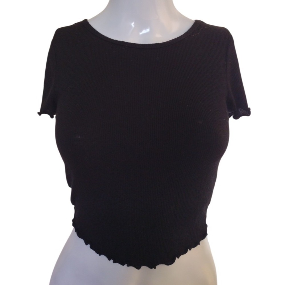 Bozolo Top Women‎ S Black Cropped Ribbed Lettuce Edge Scoop Neck Short Sleeves